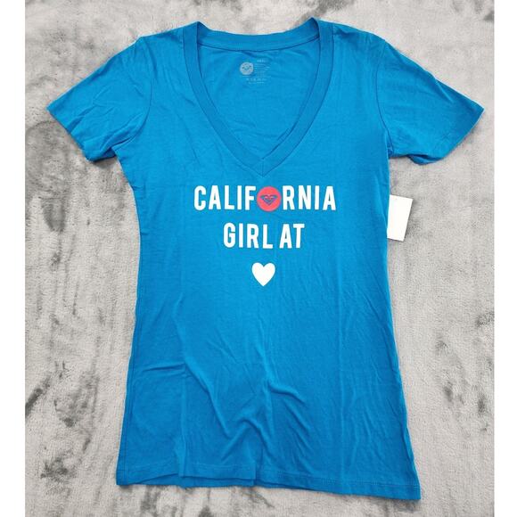 NEW Roxy Top Womens S Blue California Girl at Heart Deep V-Neck Short Sleeve Tee - Picture 1 of 9